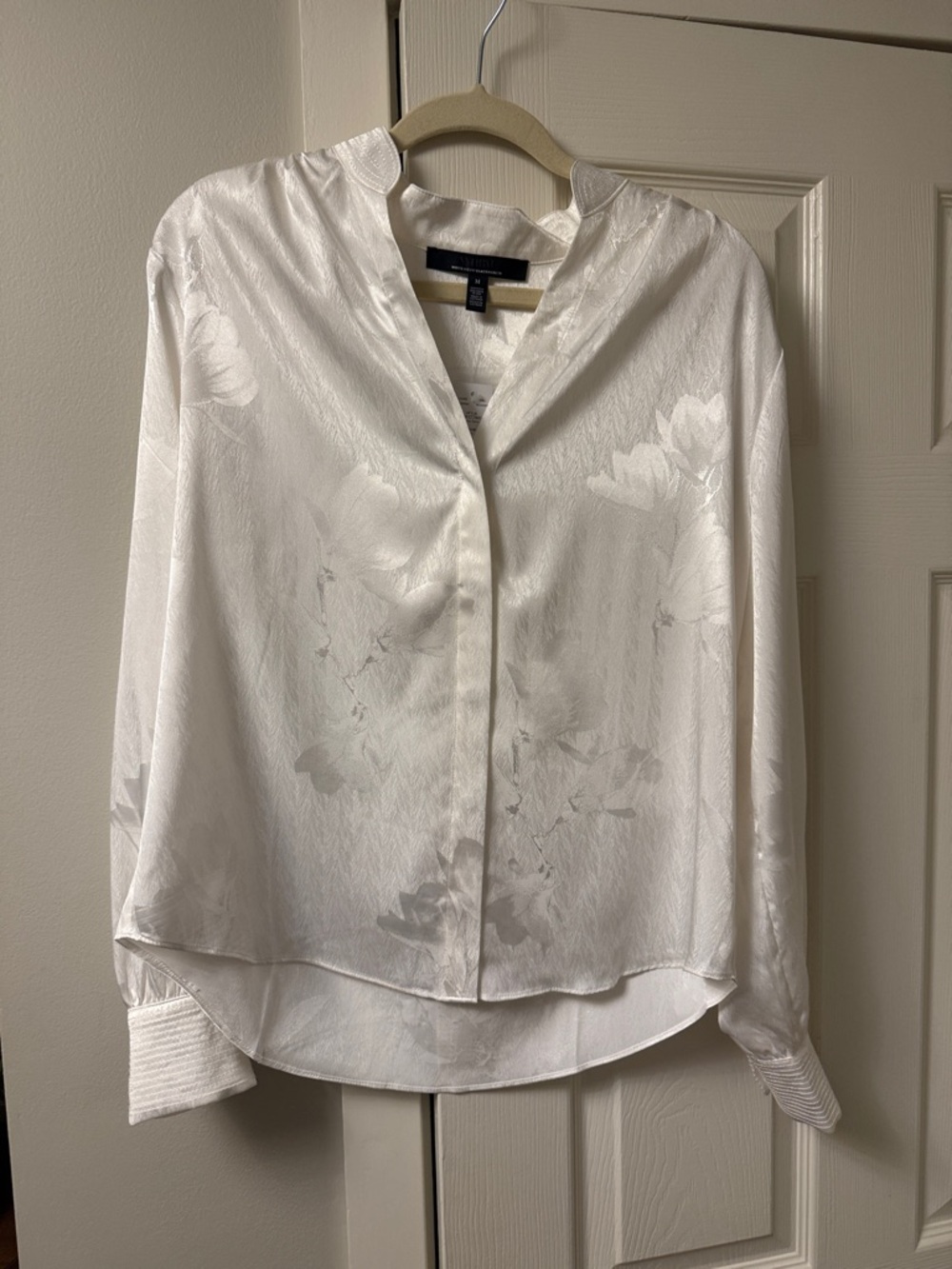 WHBM Ivory Satin Floral Zip-Front Blouse